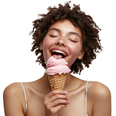 Woman Enjoying Ice Cream Cone With Closed Eyes - obrazy, fototapety, plakaty