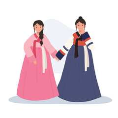 happy smiling cute 2 women in korean traditional dress hanbok for holiday or event.