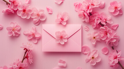 Valentine Pink flowers and petal envelope on pastel pink background.