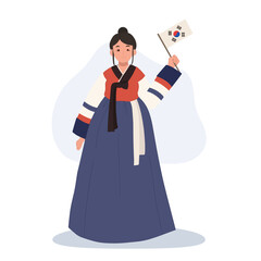 Happy Smiling Woman in Korean Traditional Dress Hanbok Holding South Korea Flag