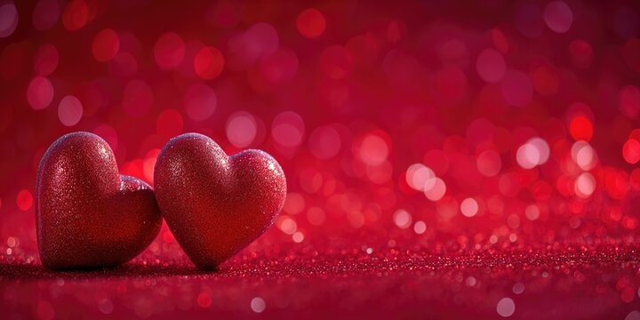 Valentine's day background. Two red decorative hearts on red background with bokeh.