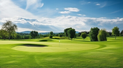 golf course with beautiful green field. golf course with a rich green turf beautiful scenery.