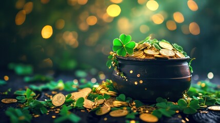 St. Patrick's Day Symbols Pot with Shamrocks and Coins for Irish Celebration - obrazy, fototapety, plakaty