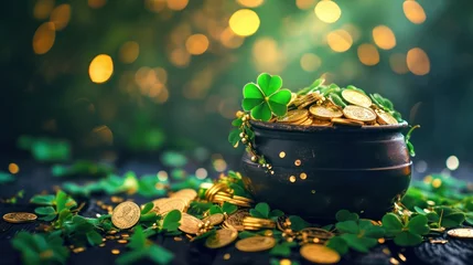 Foto op Canvas St. Patrick's Day Symbols Pot with Shamrocks and Coins for Irish Celebration © Tonton54