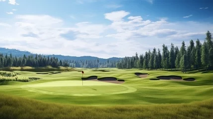 Fotobehang golf course with beautiful green field. golf course with a rich green turf beautiful scenery. © Aura