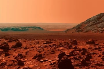 Zelfklevend Fotobehang Background of a Martian landscape with a red hue. Generative AI © William