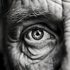 Fototapeta premium An elderly man's eye with skin wrinkles and aging skin in black and white 
