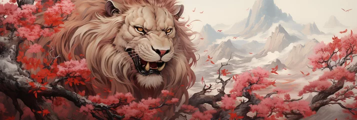 Foto op Plexiglas Zalmroze Majestic Lion Amongst Cherry Blossoms and Mountains Illustration