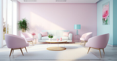 a pink lounge room with pink walls and a funky sofa 