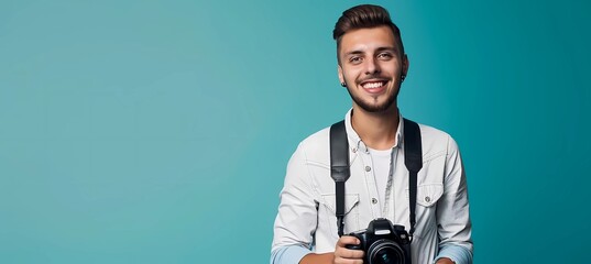 a photographer with a camera looks straight and smiles, blue background