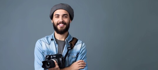 a photographer with a camera looks straight and smiles, gray background