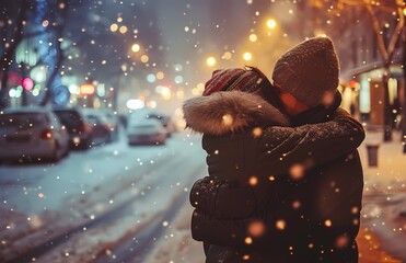 man and woman hugging and kissing, night winter street in snow