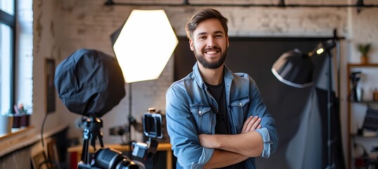 a photographer with a camera looks straight and smiles, against the backdrop of a photo studio