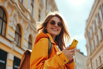 happy girl in sunglasses holding a phone and smiling at the camera, light orange and light amber