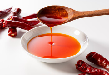 Pour chili oil with a spoon into a ceramic dish placed on a white background.