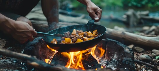 man frying food in a frying pan over a fire, food content creator, negative space