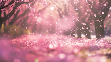 Fotobehang エモーショナルな満開の桜の花びらが風で舞い散っている花吹雪の写真 © dont