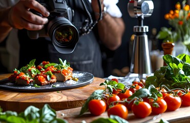food photographer photographs food on camera, studio photography of restaurant food