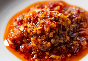 An edible chili oil in a ceramic dish placed on a wooden background.