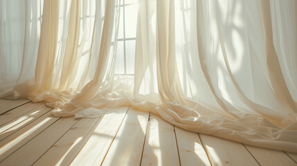 大きな窓から明るい光が入ってくる窓際に長い白いアイボリーのレースカーテンがかかっている広くて白いシンプルな部屋、床は白い木目コピースペース有