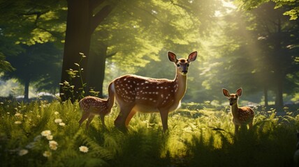 Tranquil Scene of Majestic Deer Grazing in a Serene Meadow - AI-Generative