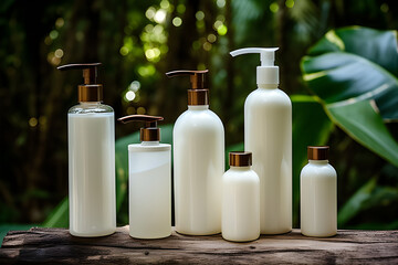 White elegance in the wild: Bottles on wood—minimalist beauty amidst lush jungle vibes.