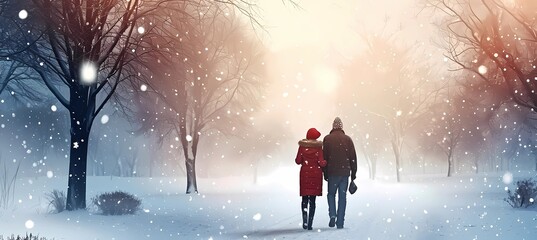 man and woman walking in the park in winter, snowy background