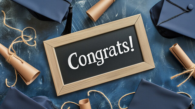 真ん中に白い文字で「Congrats!」と書かれた木製フレームの黒い黒板、フレームは紺の床の上に卒業の角帽と麻紐がリボンのナチュラルな卒業証書が散らばっている