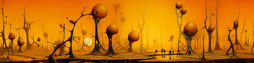 Abstract painting of objects in an orange abstract space, in the style of surreal landscapes, panorama