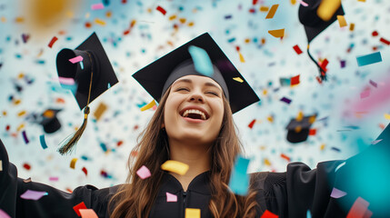 卒業式でカラフルな紙吹雪の中、卒業を喜ぶスクエアアカデミックキャップを被った女生徒のアップ