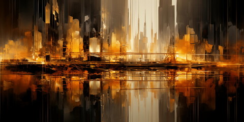 Abstract painting of objects in an orange abstract space, in the style of surreal landscapes, panorama