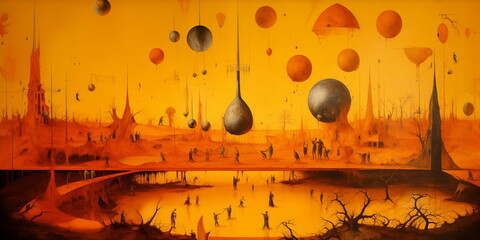Abstract painting of objects in an orange abstract space, in the style of surreal landscapes, panorama