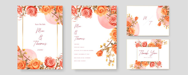 Orange and red rose beautiful wedding invitation card template set with flowers and floral