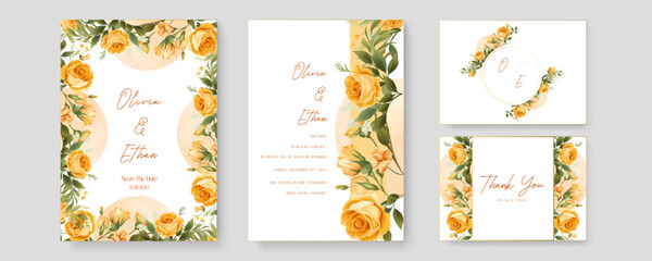 Yellow and orange rose wedding invitation card template with flower and floral watercolor texture vector