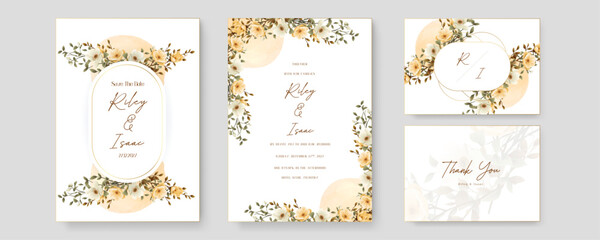 Fototapeta na wymiar Yellow and beige poppy vector wedding invitation card set template with flowers and leaves watercolor