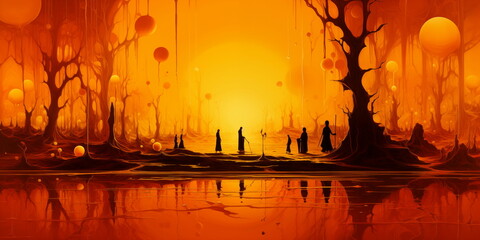 Abstract painting of objects in an orange abstract space, in the style of surreal landscapes, panorama