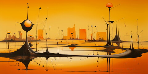 Abstract painting of objects in an orange abstract space, in the style of surreal landscapes, panorama
