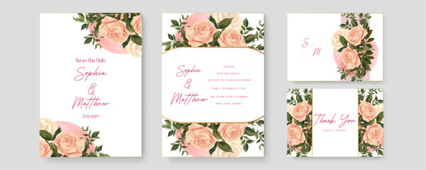 Fototapeta na wymiar Pink and white rose modern wedding invitation template with floral and flower