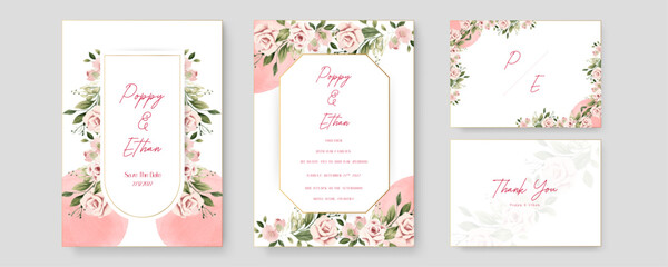 Pink rose elegant wedding invitation card template with watercolor floral and leaves