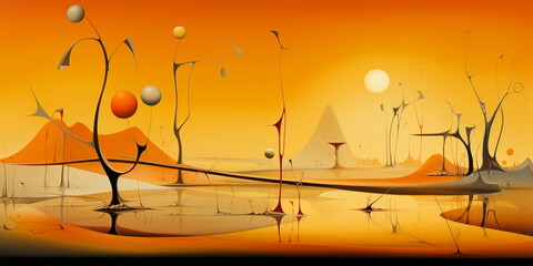 Abstract painting of objects in an orange abstract space, in the style of surreal landscapes, panorama