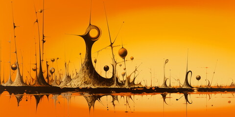 Abstract painting of objects in an orange abstract space, in the style of surreal landscapes, panorama