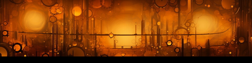 Abstract painting of objects in an orange abstract space, in the style of surreal landscapes, panorama