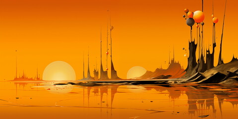Abstract painting of objects in an orange abstract space, in the style of surreal landscapes, panorama