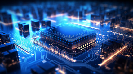 Fototapeta premium digital ai circuit board with the word and chip, in the style of shaped canvas, tilt shift, digital as manual, light bronze and azure, infrared, captivating, human-canvas integration