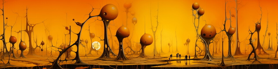 Abstract painting of objects in an orange abstract space, in the style of surreal landscapes, panorama
