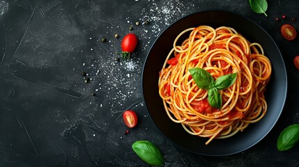 Dark plate with italian spaghetti on dark