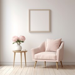 Cozy Minimalist Room with Stylish Decor and Empty Frame Design. Living Space, Perfect for Art Display Mockup. Pink Armchair and Frame Mockup in Modern Home Interior.	