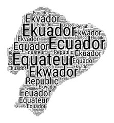 Black and white word cloud in Ecuador shape. Simple typography style country illustration. Plain Ecuador black text cloud on white background. Vector illustration.