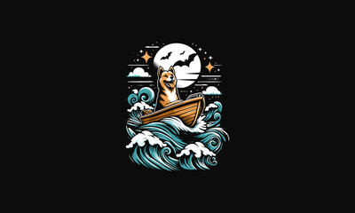 dog riding boat on sea night vector logo design