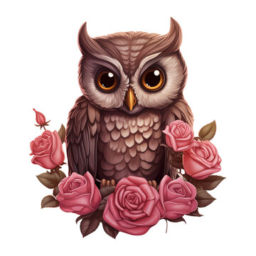 Owl Sitting on a Branch of Roses. AI Generated Image